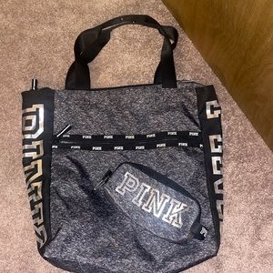 Silver and black PINK bag with cosmetic bag